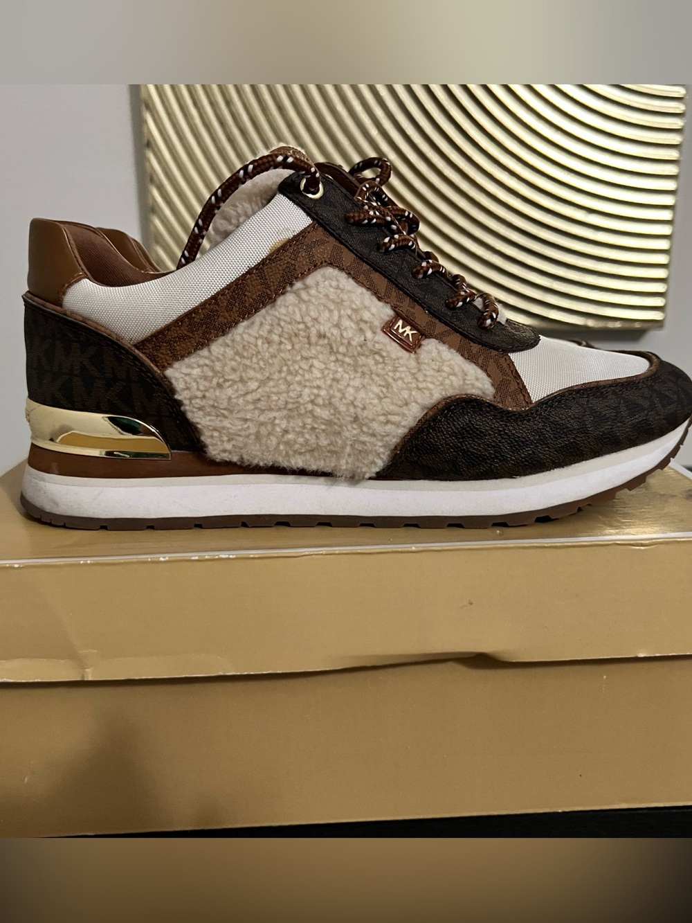 Michael Kors Brown, Cream & Gold Mixed-Media Trainer